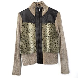 Lisa International Leather Faux Fur Sweater Jacket Animal print Size M